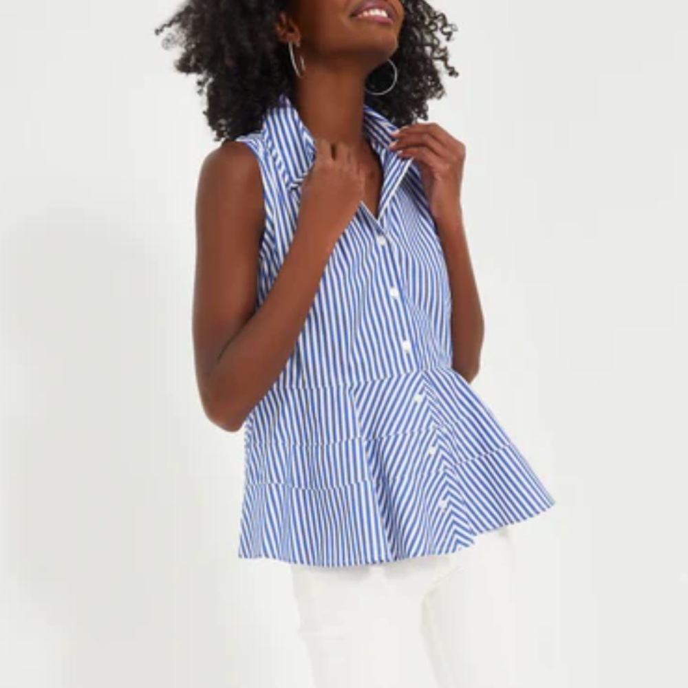 POMANDER PLACE Blue Striped Sleeveless Ashlen Blouse, NWT, size large